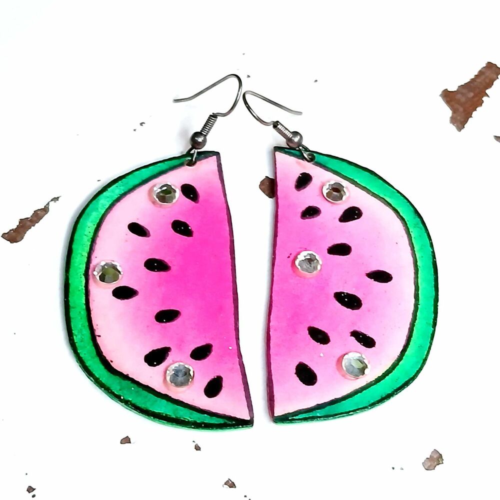 Handmade Watermelon Dangle Earrings, Paper Summer Fruit Statement Used